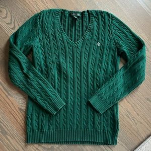 Ralph Lauren Green V Neck Cable Knit Sweater